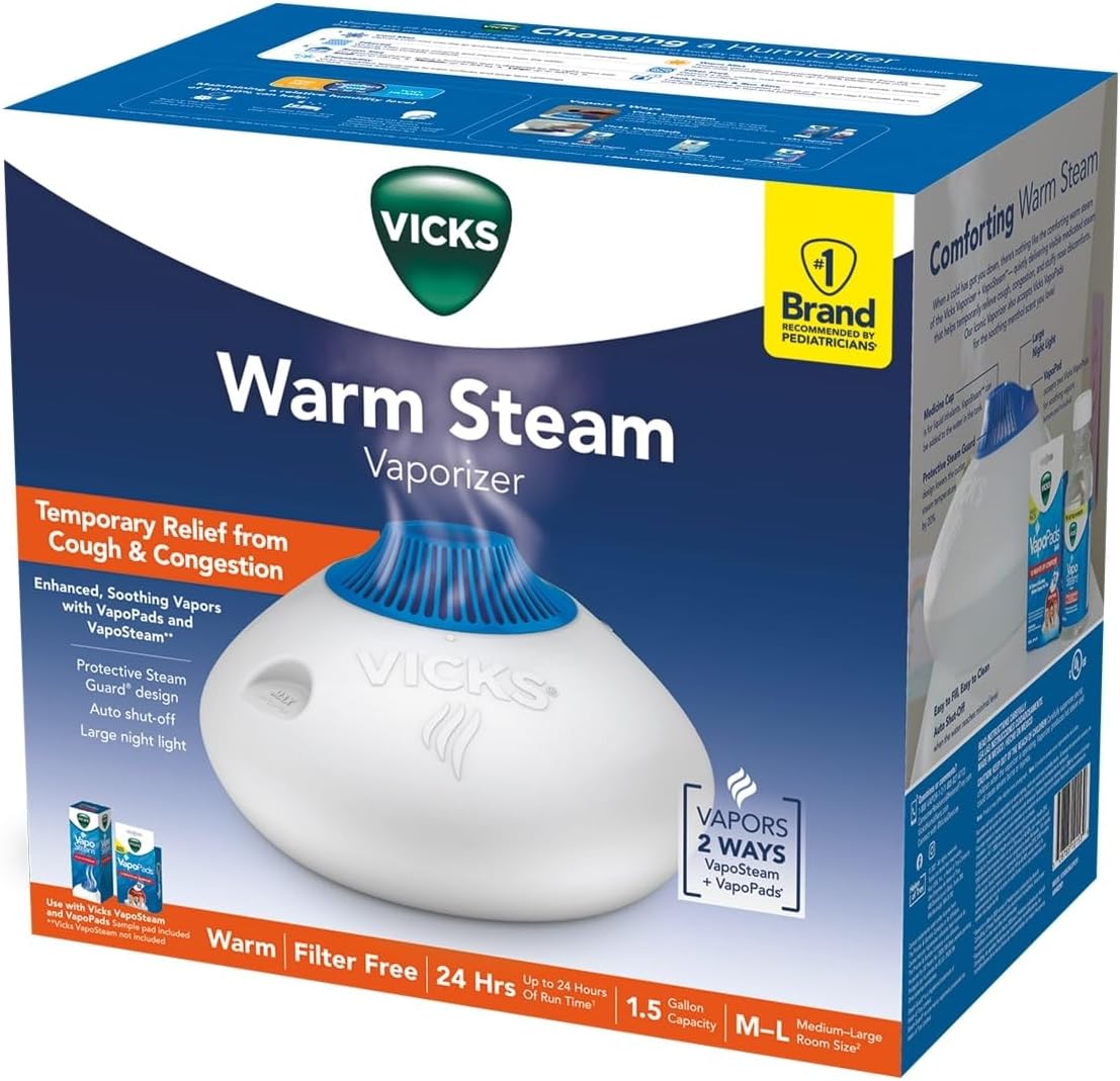 Vicks Warm Steam Vaporizer & Humidifier 1.5 Gallon Tank for Small and Medium Rooms, Night Light, Works with VapoPads and VapoSteam
