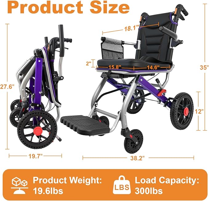 19.4lbs Ultra Lightweight Folding Wheelchair for Adults & Seniors, 12" PU Rear Wheels, Portable Transport Chair, Supports 300lbs, Compact for Travel & Daily Use