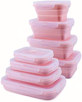 4 Pack Collapsible Silicone Food Containers Storage Lunch Bento Box with Lid BPA Free for Camping, Hiking (Pink, 4PC)