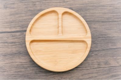 Wooden Bamboo Round Sectional Plates, Fun Baby Led Weaning Dishes with Suction Cup for Toddlers