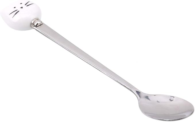 Sevenfly Stainless Steel Rice Soup Iced Tea Spoon Coffee Spoon Cold Drink Spoon Fruit Juice Long Ice Scoop,White Cat