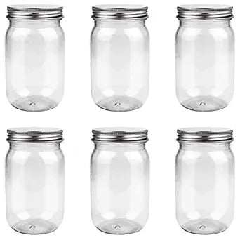 6 Pack 16 Ounce Clear Plastic Mason Jars Containers With Screw Sealing Metal Tinplate Lids,Refillable Empty PET Plastic Slime Candy Storage Jars Containers for Home Kitchen Art Craft
