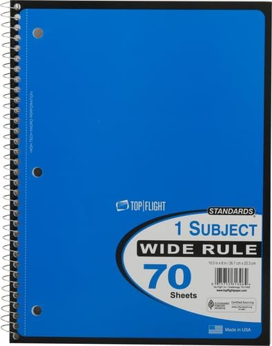 Top Flight Standards 1-Subject Notebook, 70 Sheets, Perforated, Wide Rule, Color May Vary (31306)
