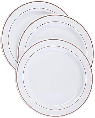20 pcs 10-Inch White with Rose Gold Trim Plastic Round Plates - Disposable Wedding Party Reception Catering Tableware