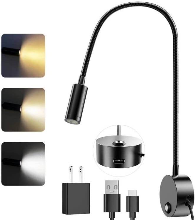 ERAY Plug-in LED Wall Mount Reading Light with 15" Flexible Gooseneck USB Charging Port Dimmable Focused Bedside Reading Lights Black-1 Pack