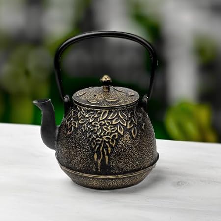 Tea Kettle, TOPTIER Japanese Cast Iron Tea Pot for Stove Top, Cast Iron Teapot Humidifier for Wood Stove, Leaf Design Tea Kettle Coated with Enameled Interior for 32 Ounce (950 ml), Black