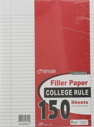 Top Flight Filler Paper, 10.5 x 8 Inches, College Rule, 150 Sheets (12302), White