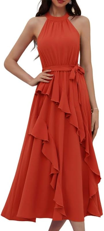 GRACE KARIN Women's 2024 Summer Sleeveless Halter Neck Ruffle Hem Split Flowy Swing Long Midi Dress with Belt