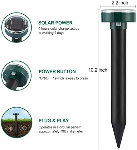 Mole Repellent Solar Powered Gopher Repellent Ultrasonic Solar Powered Sonic Mole Deterrent Stakes, Snake Groundhog Repellent for Yard, Garden, Lawn (4 Pack)