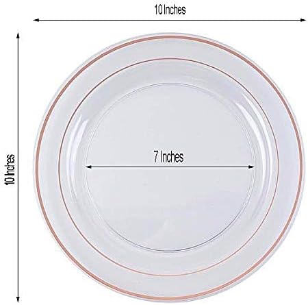 20 pcs 10-Inch White with Rose Gold Trim Plastic Round Plates - Disposable Wedding Party Reception Catering Tableware