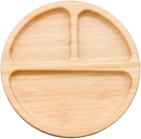 Wooden Bamboo Round Sectional Plates, Fun Baby Led Weaning Dishes with Suction Cup for Toddlers