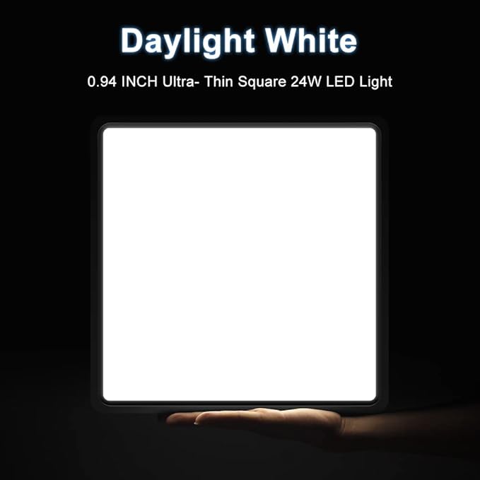 12 Inch 24W Square LED Ceiling Light, 5000K Daylight White 3200LM Ultra Bright Ceiling Lights Black Flush Mount LED Ceiling Lighting Fixture Super Thin for Kitchen Bathroom Hallway Office Living Room