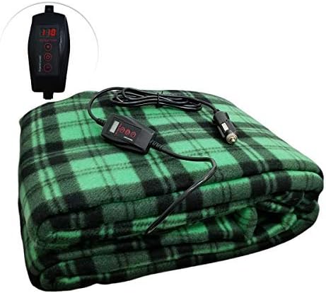 ZONETECH Car Travel Blanket Green Plaid Premium Quality 12V Polar Fleece Material Automotive Comfortable Great for Winter, Cold Days and Nights, Road Trips