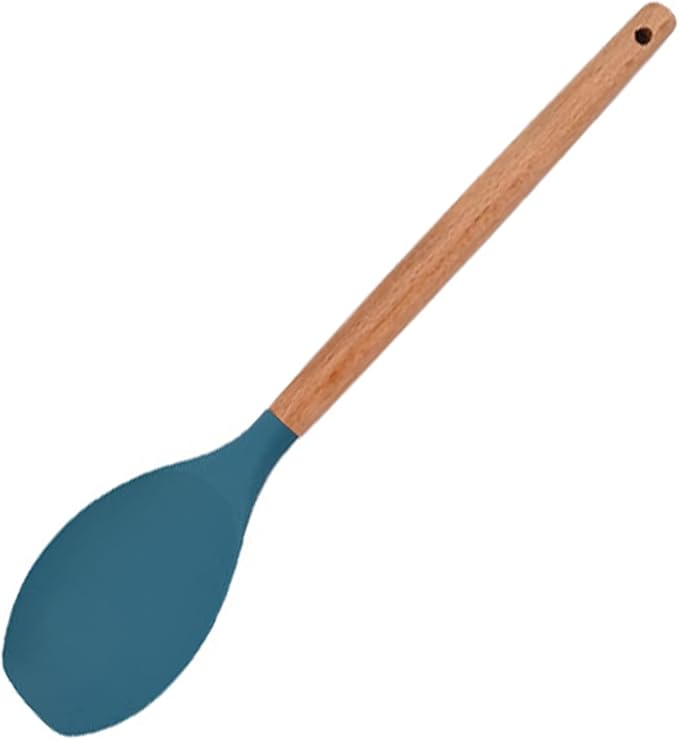1pc Blue Silicone Spoon Spatula Set with Wooden Handle, Heat Resistant Rubber Scraper, Non-stick Ideal Cookware for Cooking, Baking and Mixing.