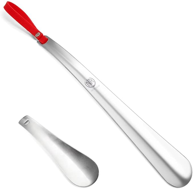 Metal Shoe Horn, Long handled Shoehorn for Men, Women, Kids, Seniors, Pregnancy, Boots and Shoes, Heavy Duty Stainless Steel with Silicone Lanyard (Red)