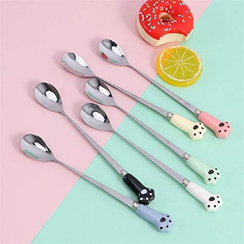 FLYUFO Kitchen Spoons Stainless Steel Coffee Spoon With Ceramic Cat's Claw Handle Is Suitable For Drinking Coffee. Stirring Spoon BlackBlueGreenRedWhiteYellow Size: 2.5 17.5cm (Color : E)