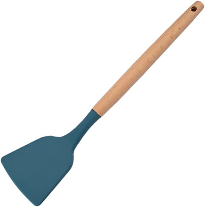 1pc Blue Silicone Solid Turner with Wooden Handle, Heat Resistant Kitchen Spatulas, Ideal Cookware for Frying, Baking, Flipping, Turning, Fish, Eggs, Meat.