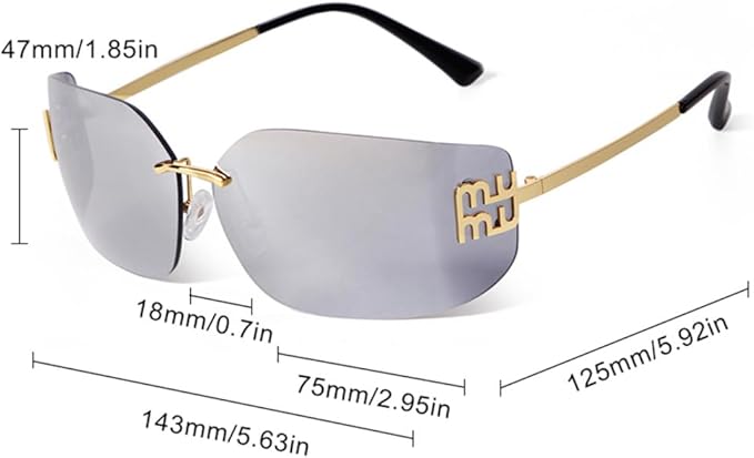 Rectangle Curved Rimless Sunglasses Women Men Metal Rivets Gradient Gray Lens Shades Sun Glasses UV400