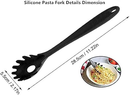 Spaghetti Spoon Pasta Fork,11Inch Silicone Pasta Fork,High Heat Resistant to 480F, Hygienic One Piece Design, Spaghetti Strainer Server Spoon Ideal for cooking(Black)