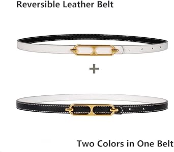 Mettclasi Womens Reversible Skinny Leather Belt for Dresses Jeans, Thin Waist Belt with Gold Buckle, Fits Waist Size 23"-33"
