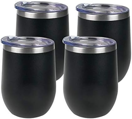 Wine Tumbler - 4 Pack 12 oz Stainless Steel Tumbler with Lid,Stemless Double Wall Vacuum Insulated Travel Cup for Wine,Coffee,Cocktails(Black)