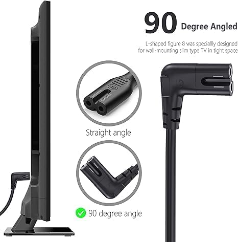AC power cord for Samsung TV 24, 32, 43, 49, 50, 55, 55, 70, 60, 65, 75, 90 inches, 90 degree angle, C7 power cable compatible with LG TV 24, 28, 32, 40, 43