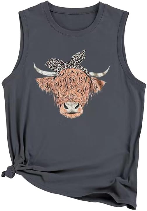 Cow Print Tank Top for Women Western Country Music Vest Shirt Funny Animal Graphic Tops Retro Cowgirl Sleeveless Shirt
