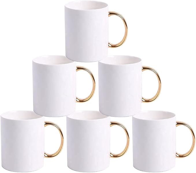 MR.R Grade AAA Sublimation Blanks 6 Sets Dishwasher White Ceramic Coffee Mugs with golden handle 11oz Blank Ceramic Classic Drinking Cup Mug For Milk Tea Cola Water Set of 6 with Safe Package
