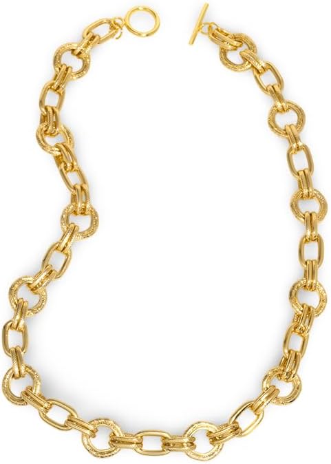 Gold Plated Copper Chunky Textured Link Chain Necklace for Women, Front Toggle Clasp Choker