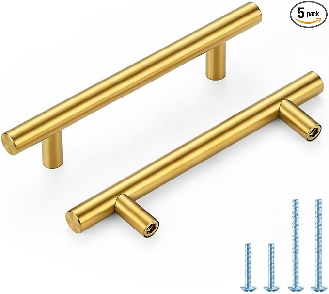 Brushed Brass Cabinet Handles 4 Inch Hole Spacing Stainless Steel Drawer Pulls for Cabinets, Dresser, Bathroom 5 Pack