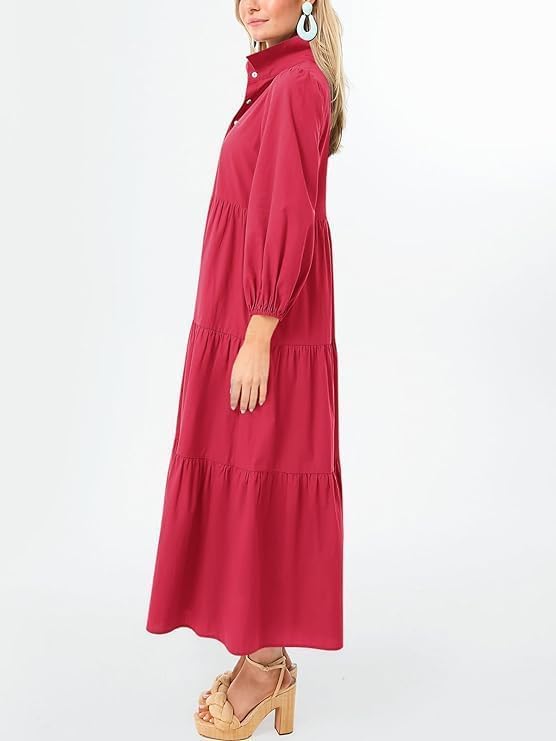 Wenrine Womens Casual 34 Sleeve Shirt Dress Button Down V Neck Tiered Collared Flowy Maxi Dress