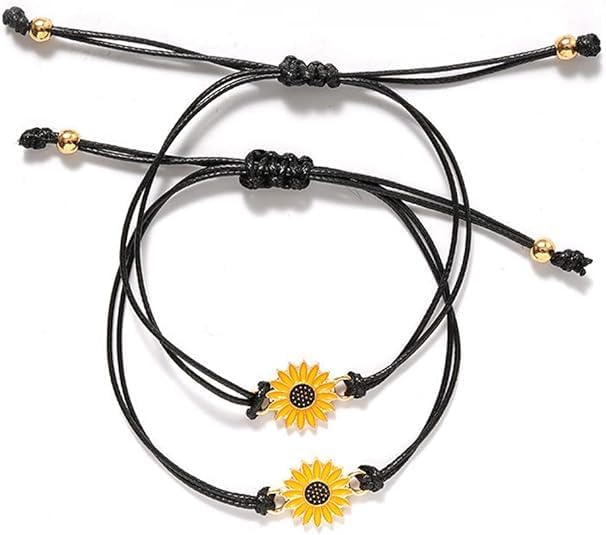 Charming Jewelry Shop Handmade Sunflower Boho Bracelet Friendship Jewelry for Women 2 Set Adjustable Sunflower Bracelets