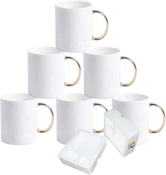 MR.R Grade AAA Sublimation Blanks 6 Sets Dishwasher White Ceramic Coffee Mugs with golden handle 11oz Blank Ceramic Classic Drinking Cup Mug For Milk Tea Cola Water Set of 6 with Safe Package