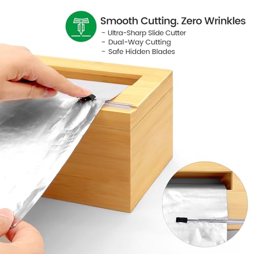18 Inch Plastic Wrap Dispenser with Cutter & Roller, Heavy Duty Bamboo Commercial Film Wrap Holder for 3000ft Food Service Cling Film, 1000ft Foil, Butcher/Freezer/Kraft Paper