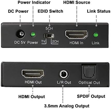 J-Tech Digital 4K 60Hz HDMI Audio Extractor Converter SPDIF 3.5MM Output Supports HDMI 2.0, HDCP 2.2, 1080P120Hz, 1080P144Hz, Dolby DigitalDTS Passthrough CEC, HDR10 JTD18G-H5CH