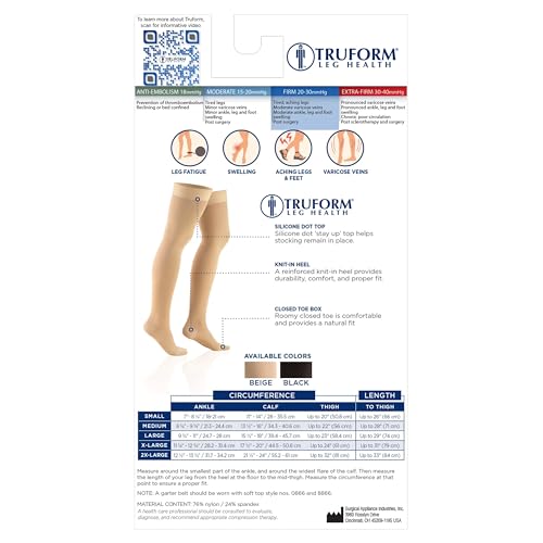 Truform 20-30 Mmhg Compression Stockings for Men & Women, Thigh High Length, Dot Top, Closed Toe, Black, Large (20-30 Mmhg)