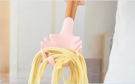 Wooden Handle Pasta Fork Spoon 12.4" Silicone Spaghetti Fork Food Grade Noodle Spoon, BPA Free, Spaghetti Spoons Strainer Server Spoonss (Pink)