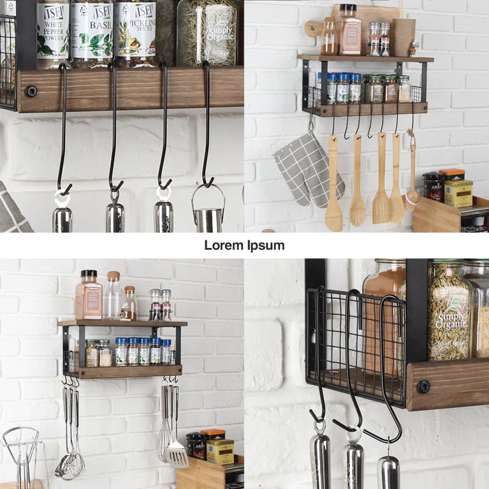 2 Tier Rustic Torched Wood Kitchen Storage Shelf with 8 Hooks