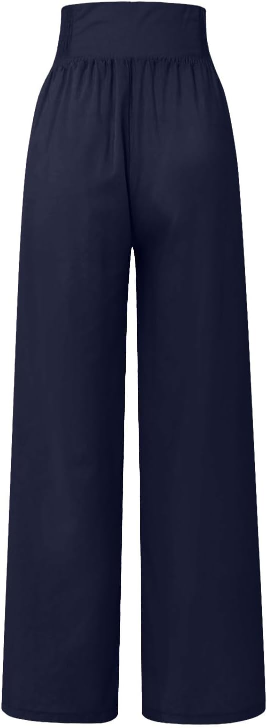 Womens Linen Palazzo Pants 2024 High Waisted Summer Casual Pants Button Decer Boho Flowy Pants Vacation Beach Outfits