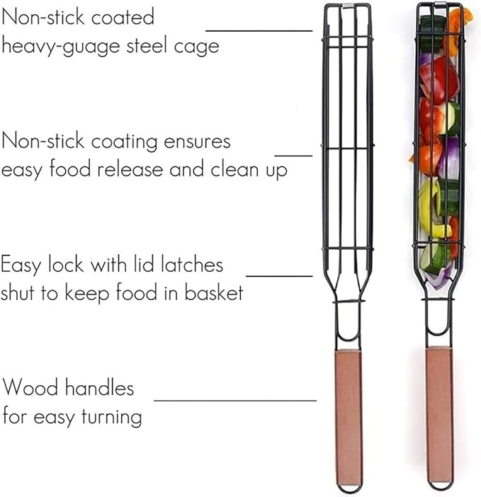 Barbecue Basket Durable Convenient Grill Basket with Long Wooden Handle Stainless Steel Grill Tray for Vegetable Fried Sausage Meat