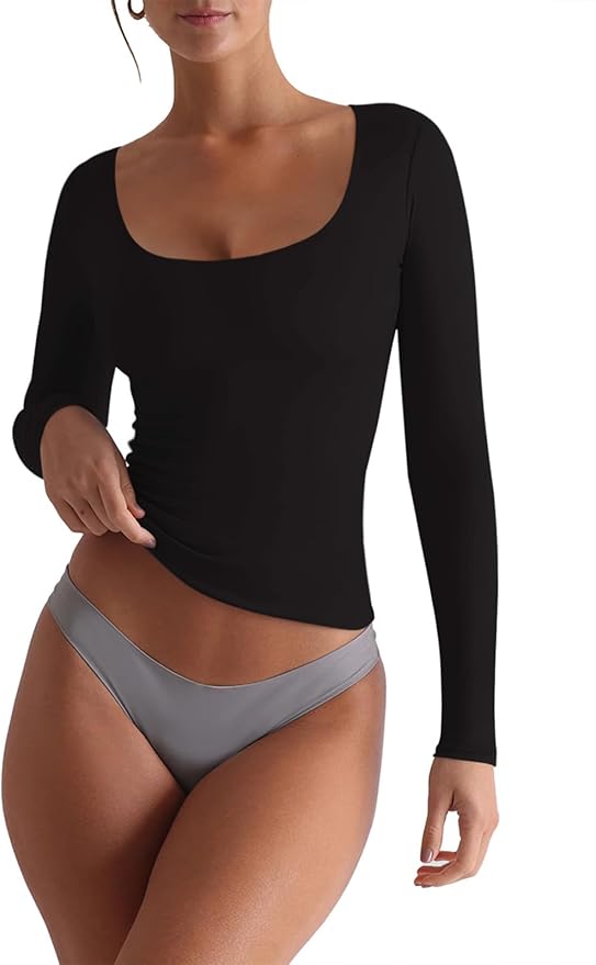 REORIA Womens Basic Square Neck Long Sleeve Shirts Double Lined Tops Tight Shirts Fall Outfits 2025