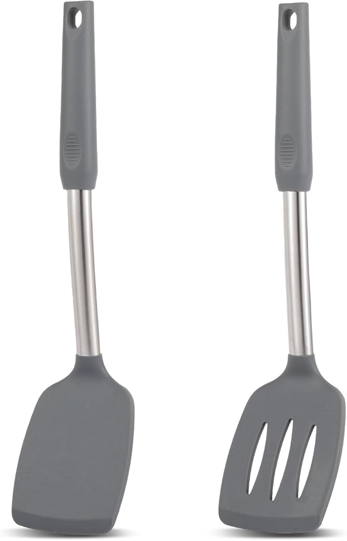 Pack of 2 Non Stick Solid & Slotted Silicone Spatula Set, Heat Resistant Silicone Turners for Fish,Eggs,Pancakes (Black Grey)