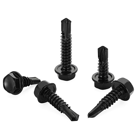 10 x 1 Hex Washer Head Self Tapping Drilling Screws Black Finish, 410 Stainless Steel, 100 PCS