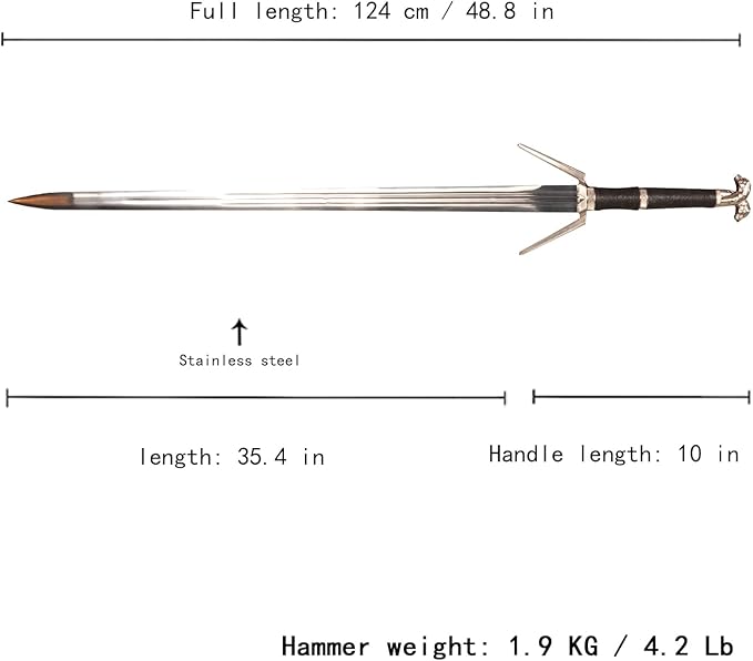 Full Metal Geralt's Silver Steel Sword 125cm/48.8 inches, Runes Engraved on The Blade, Stainless Steel,White Wolf Sword,Aerondight Silver Sword Handmade Anime Cosplay Prop for Display and Collection