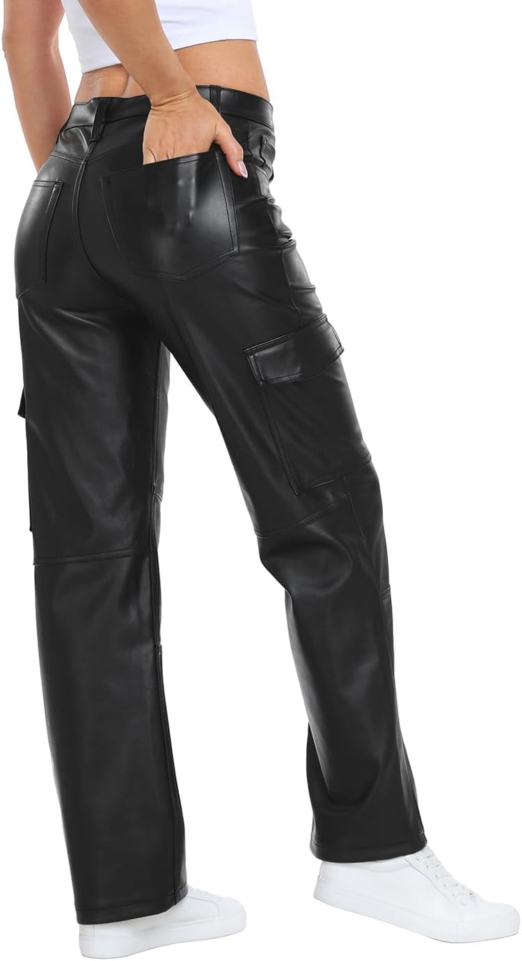 NIMIN Women's Faux Leather Cargo Pants with Pockets High Waisted Y2K Relaxed Pant