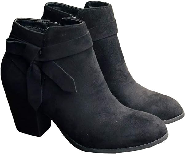 PiePieBuy Women's Tie Knot Chelsea Pump Ankle Boots Closed Toe Stacked Heel Booties Shoes