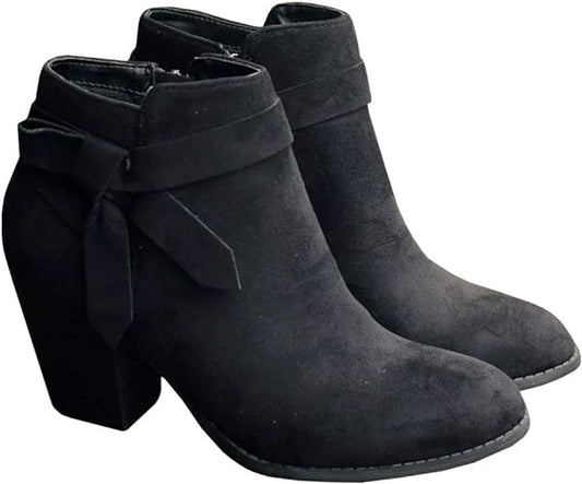 PiePieBuy Women's Tie Knot Chelsea Pump Ankle Boots Closed Toe Stacked Heel Booties Shoes