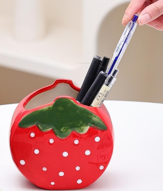 Pencil Holder, Ceramic Strawberry Pen Dispensers, Makeup Brush Holder, Table Organizer