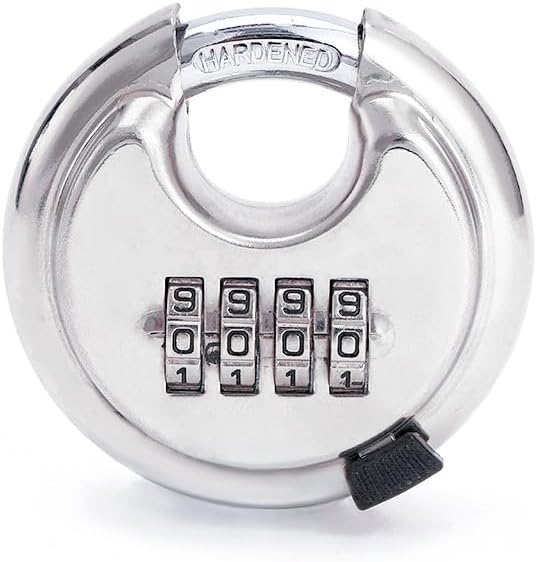4 Digit Combination Lock, Stainless Steel Disc Padlock with 3/8 Inch Hardened Steel Shackle, Heavy Duty Combo Lock Outdoor for Warehouse, Hasp Latch, Sheds, Fences, Storage Locker (1 Pack) (Silver)