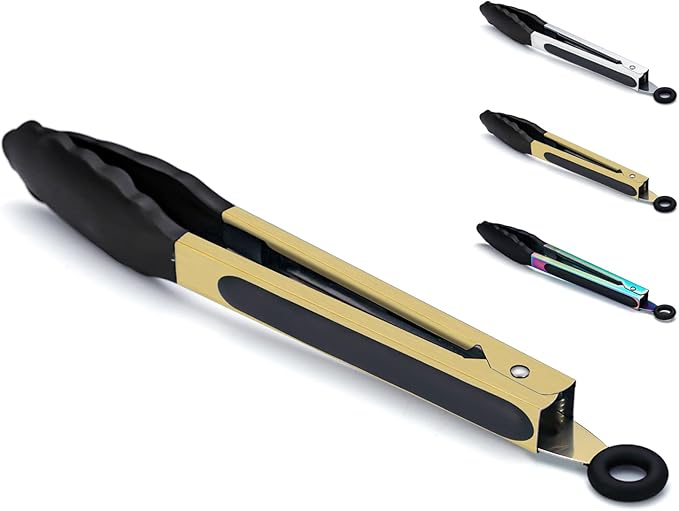 Kitchen Tongs for Cooking Grill BBQ, Kyraton Stainless Steel 9" Cooking Tongs Heat Resistant Handle Non Slip, Kitchen Tongs with Silicon Tips for Salad,Ice,Fry, Serving,Oven. (Gold)